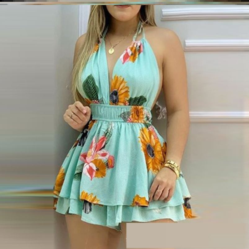 Blauer Jumpsuit mit Hosenträgern und Print für Damen