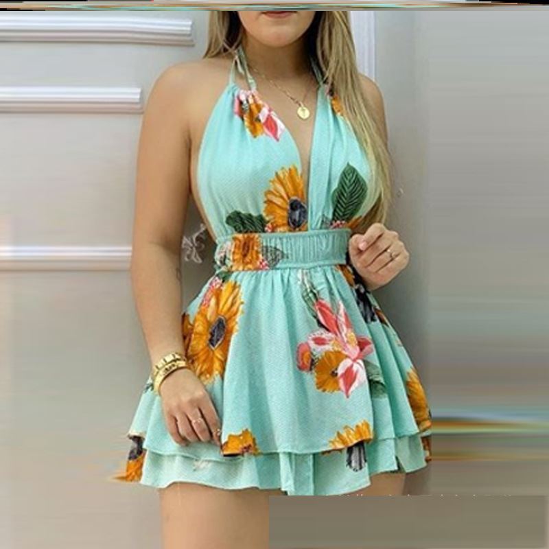 Blauer Jumpsuit mit Hosenträgern und Print für Damen