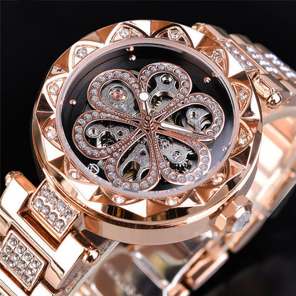 Forsining Mechanische Automatische Damen Uhren Top Marke Luxus Strass Weibliche Armbanduhren Rose Gold Edelstahl Uhr
