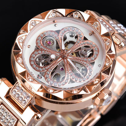Forsining Mechanische Automatische Damen Uhren Top Marke Luxus Strass Weibliche Armbanduhren Rose Gold Edelstahl Uhr