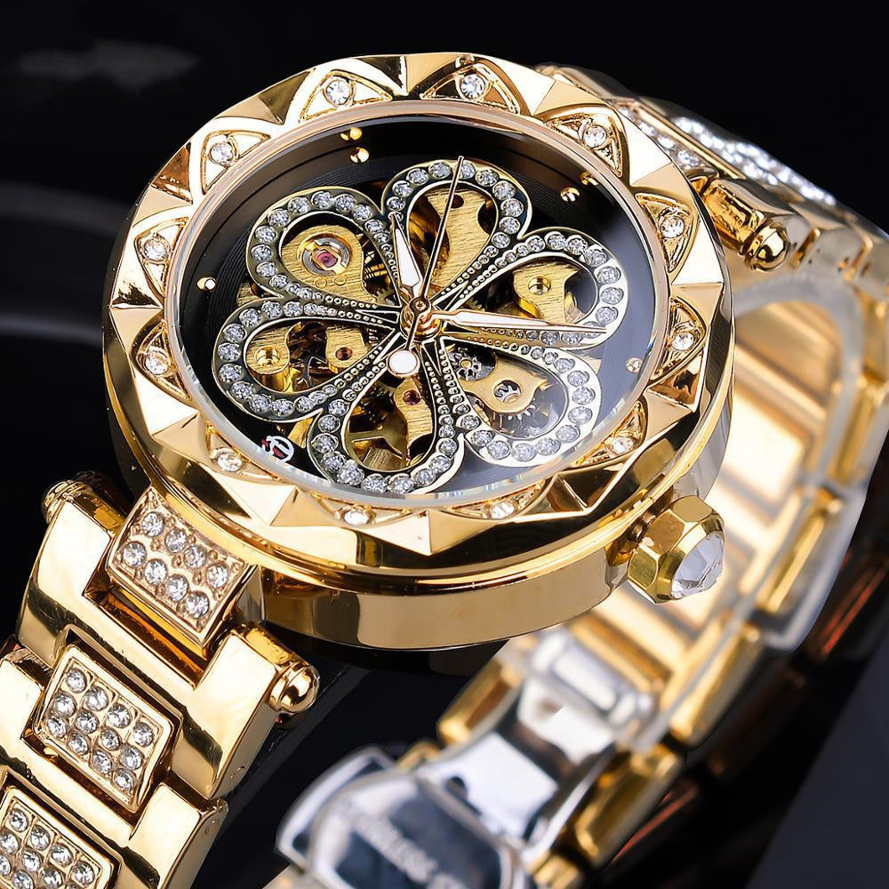 Forsining Mechanische Automatische Damen Uhren Top Marke Luxus Strass Weibliche Armbanduhren Rose Gold Edelstahl Uhr