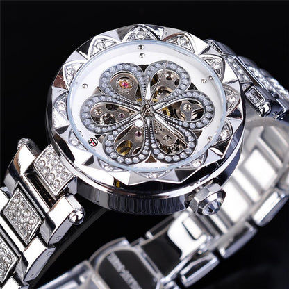 Forsining Mechanische Automatische Damen Uhren Top Marke Luxus Strass Weibliche Armbanduhren Rose Gold Edelstahl Uhr